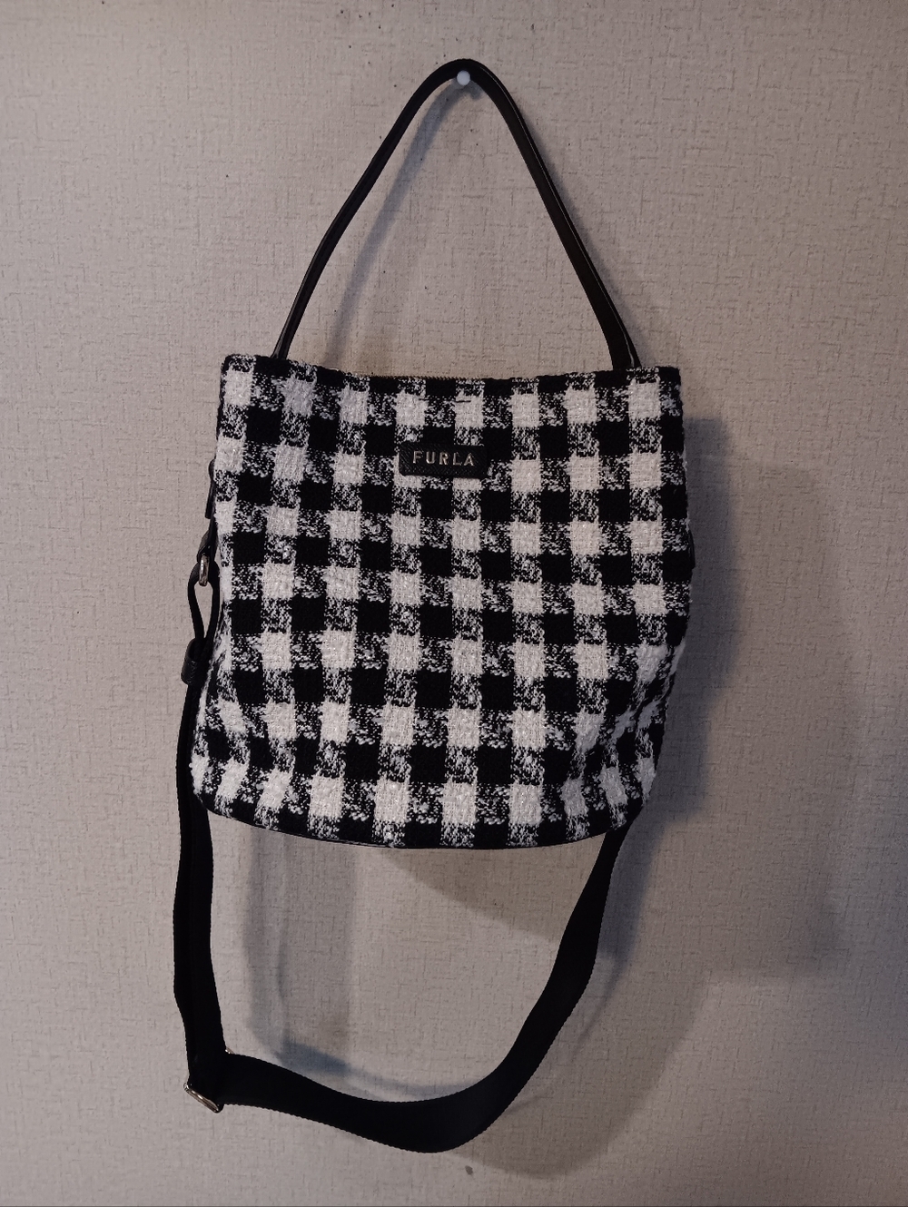 Furla Black and White Checkered Shoulder Bag Buckle